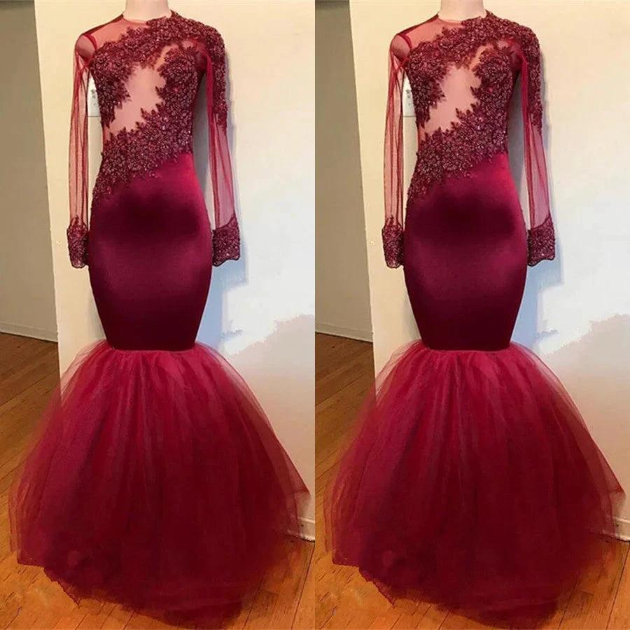 Modest Lace Appliques Long Sleeve Mermaid Prom Dress - Image 2