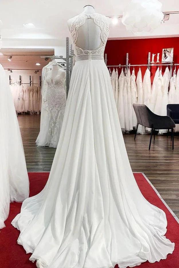 Modest Long A-line Chiffon Jewel Appliques Open Back Wedding Dress - Image 2