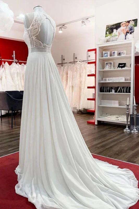 Modest Long A-line Chiffon Jewel Appliques Open Back Wedding Dress - Image 3