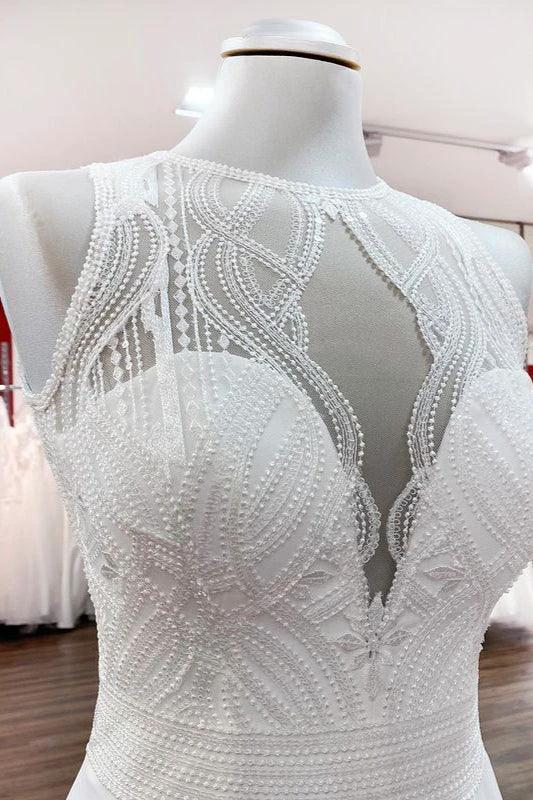 Modest Long A-line Chiffon Jewel Appliques Open Back Wedding Dress - Image 4