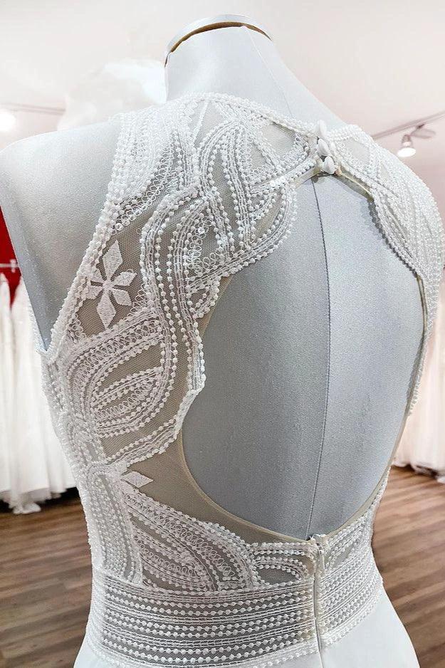 Modest Long A-line Chiffon Jewel Appliques Open Back Wedding Dress - Image 5
