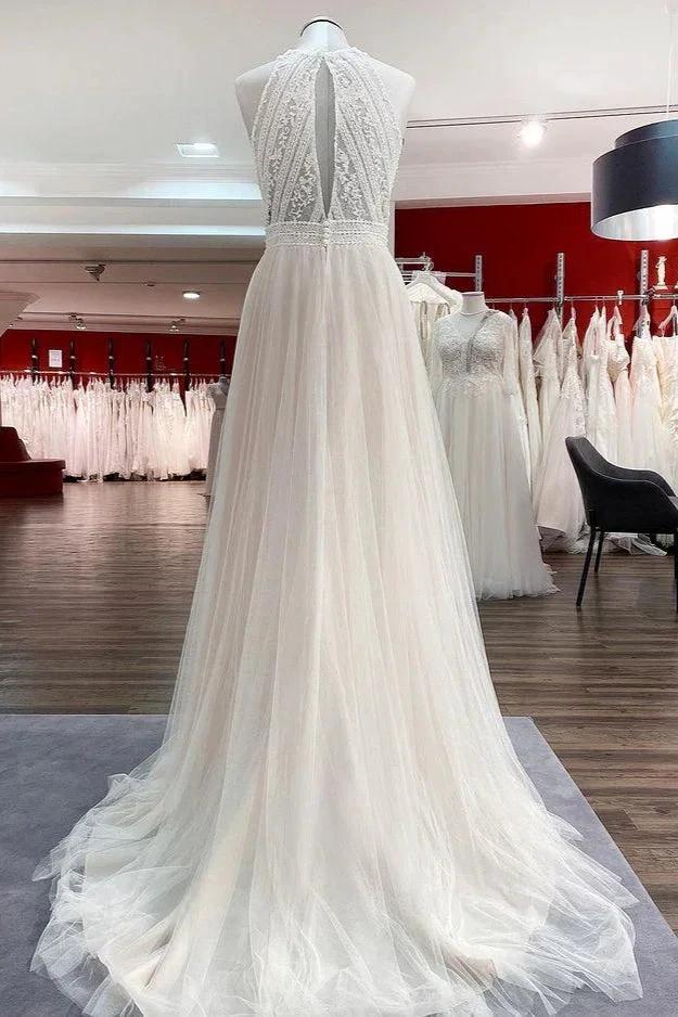 Modest Long A-line Halter Tulle Lace Backless Wedding Dresses - Image 2