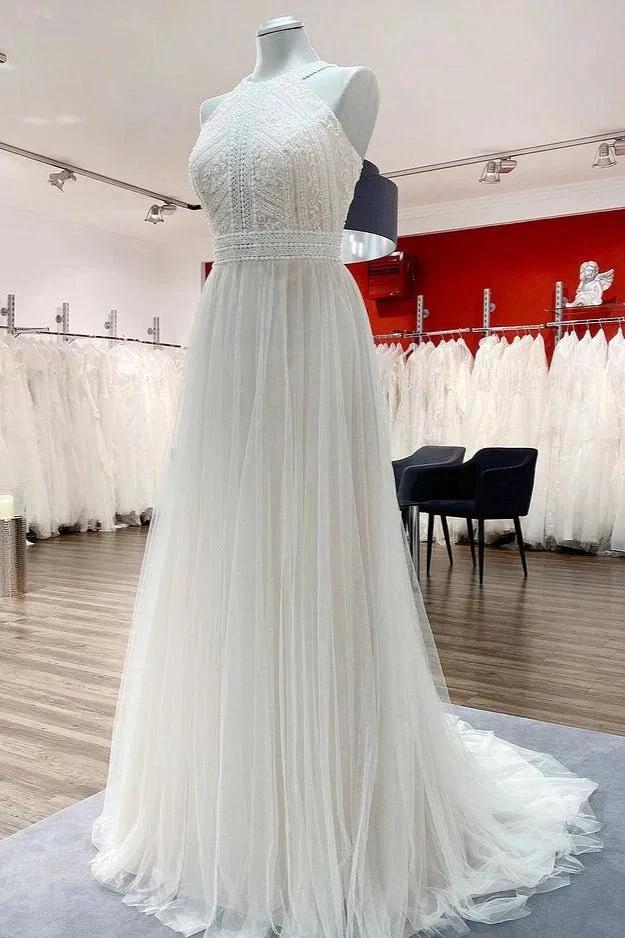 Modest Long A-line Halter Tulle Lace Backless Wedding Dresses - Image 3