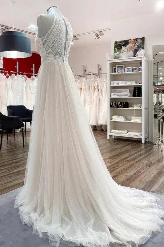 Modest Long A-line Halter Tulle Lace Backless Wedding Dresses - Image 4