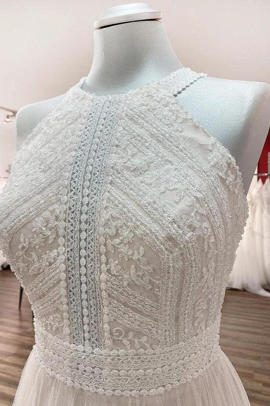Modest Long A-line Halter Tulle Lace Backless Wedding Dresses - Image 5