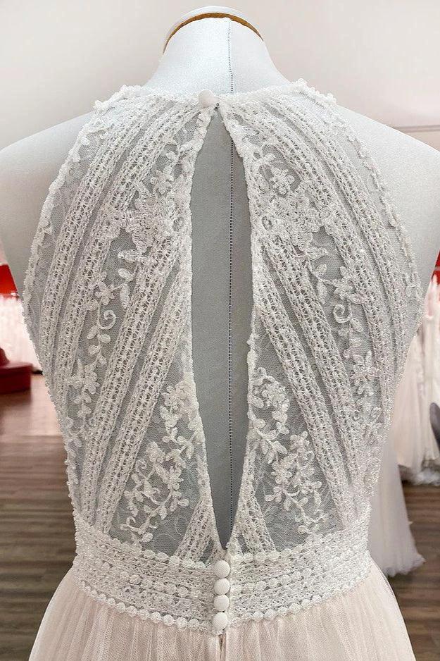 Modest Long A-line Halter Tulle Lace Backless Wedding Dresses - Image 6