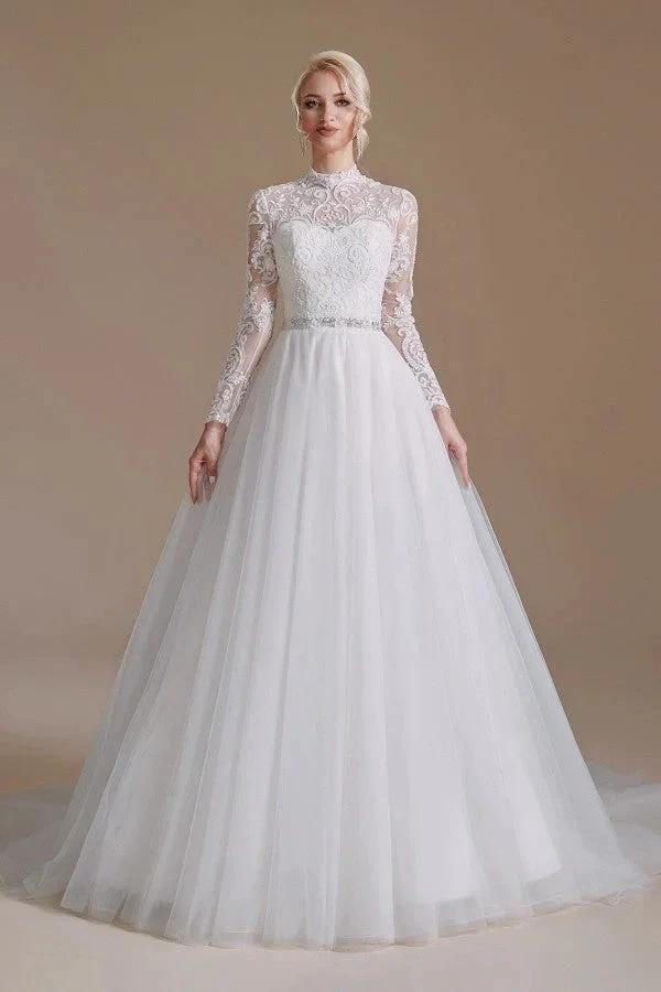 Modest Long A-line High Neck Tulle Lace Wedding Dresses with Sleeves - Image 2