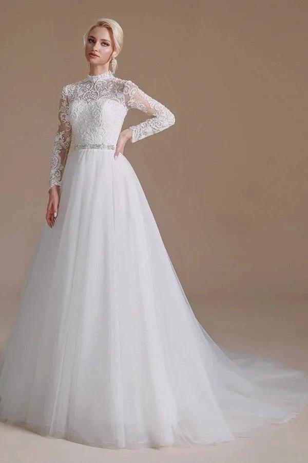 Modest Long A-line High Neck Tulle Lace Wedding Dresses with Sleeves - Image 3