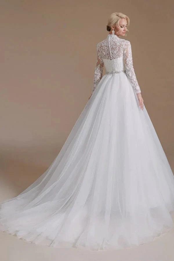 Modest Long A-line High Neck Tulle Lace Wedding Dresses with Sleeves - Image 5