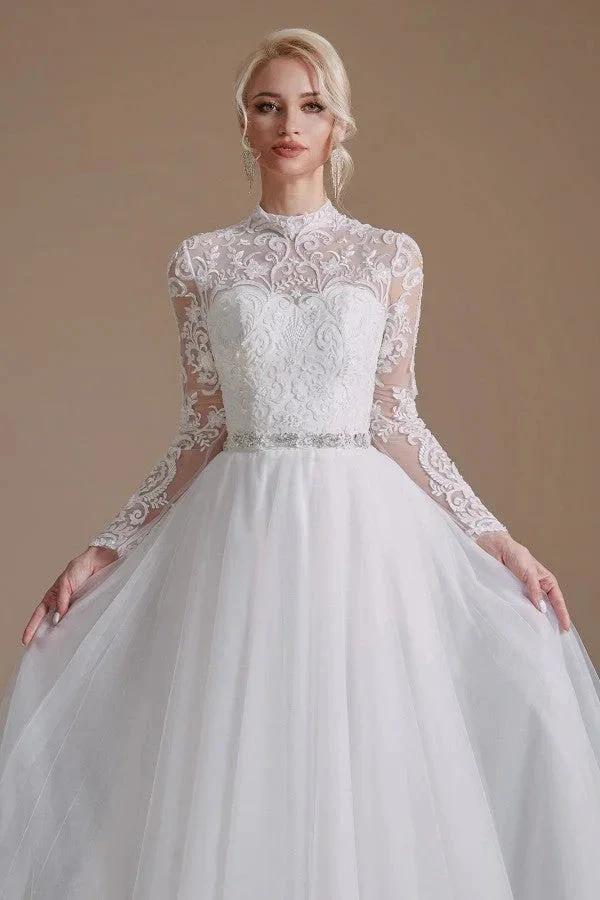 Modest Long A-line High Neck Tulle Lace Wedding Dresses with Sleeves - Image 6