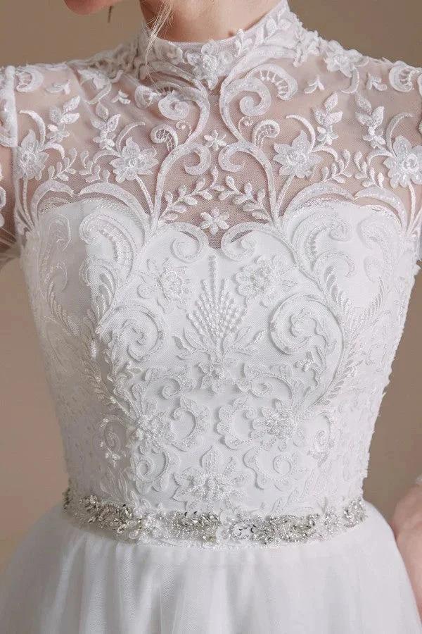 Modest Long A-line High Neck Tulle Lace Wedding Dresses with Sleeves - Image 7