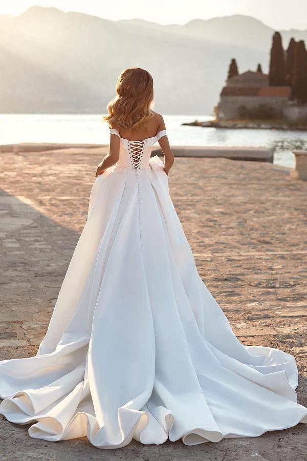Modest Long A-line off the Shoulder Ruched Satin Wedding Dress with Crystals - Image 3
