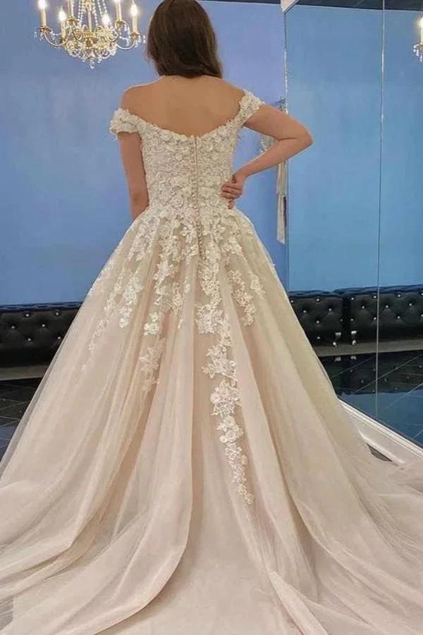 Modest Long A-line Off-the-Shoulder Tulle Lace Wedding Dress - Image 2