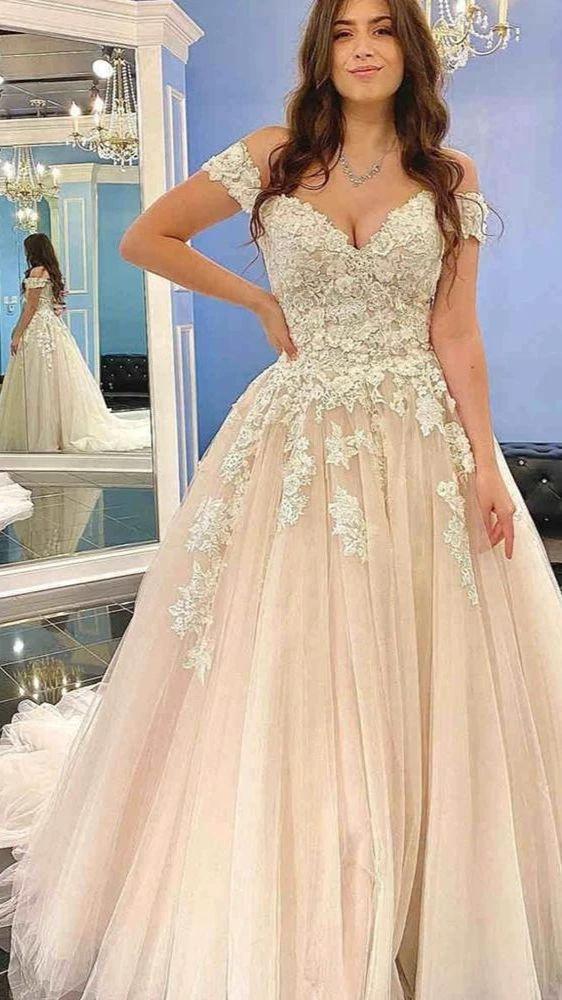 Modest Long A-line Off-the-Shoulder Tulle Lace Wedding Dress - Image 3