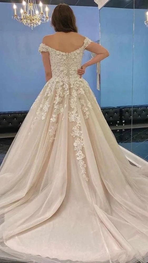 Modest Long A-line Off-the-Shoulder Tulle Lace Wedding Dress - Image 4