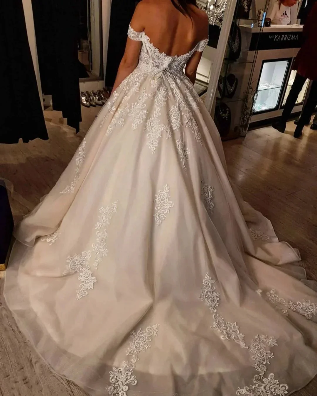 Modest Long A-line Off-the-shoulder Tulle Princess Wedding Dress with Lace - Image 2