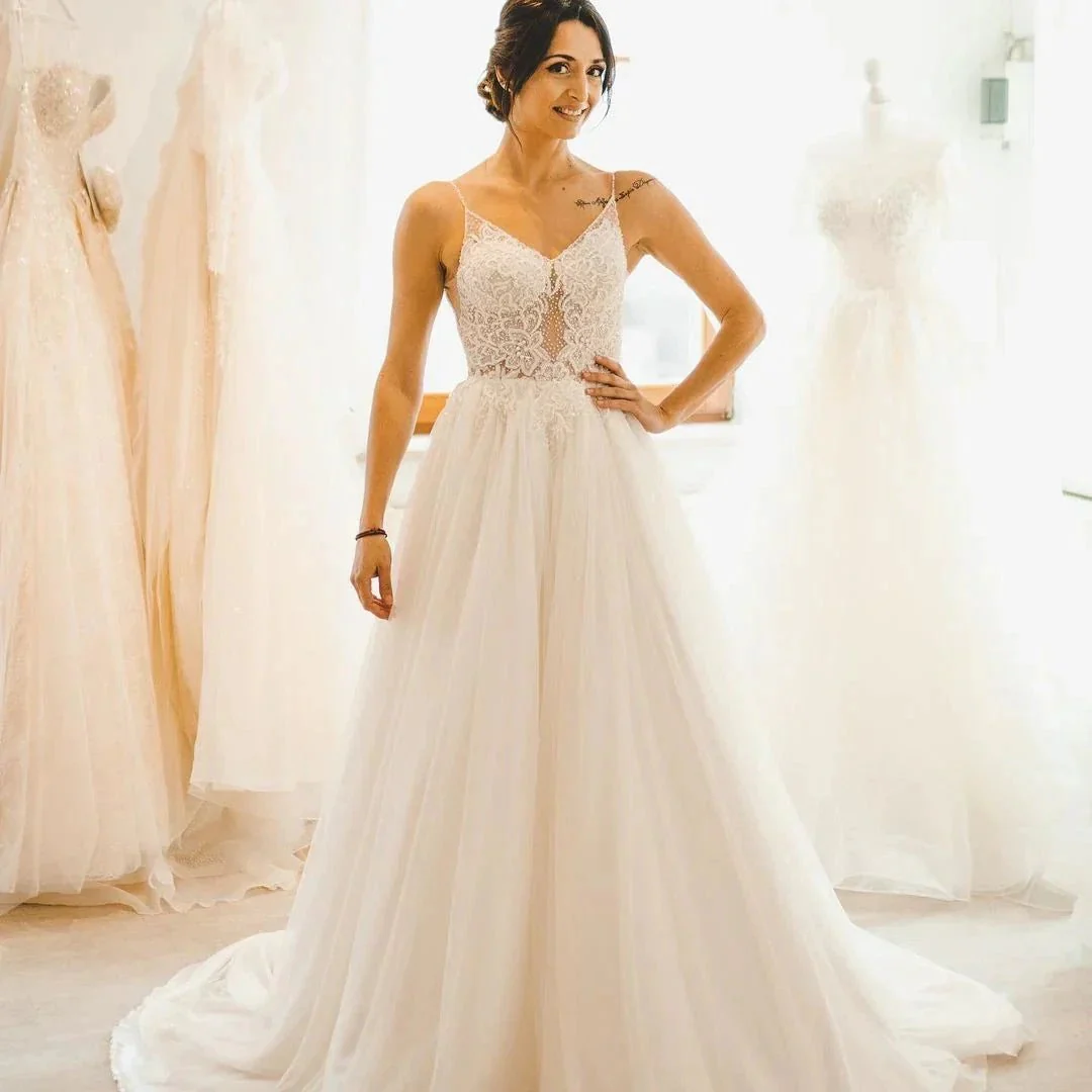 Modest Long A-line Spaghetti Straps Tulle Backless Wedding Dress - Image 2