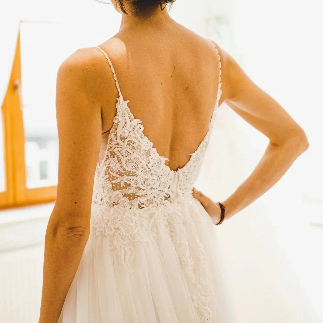 Modest Long A-line Spaghetti Straps Tulle Backless Wedding Dress - Image 3