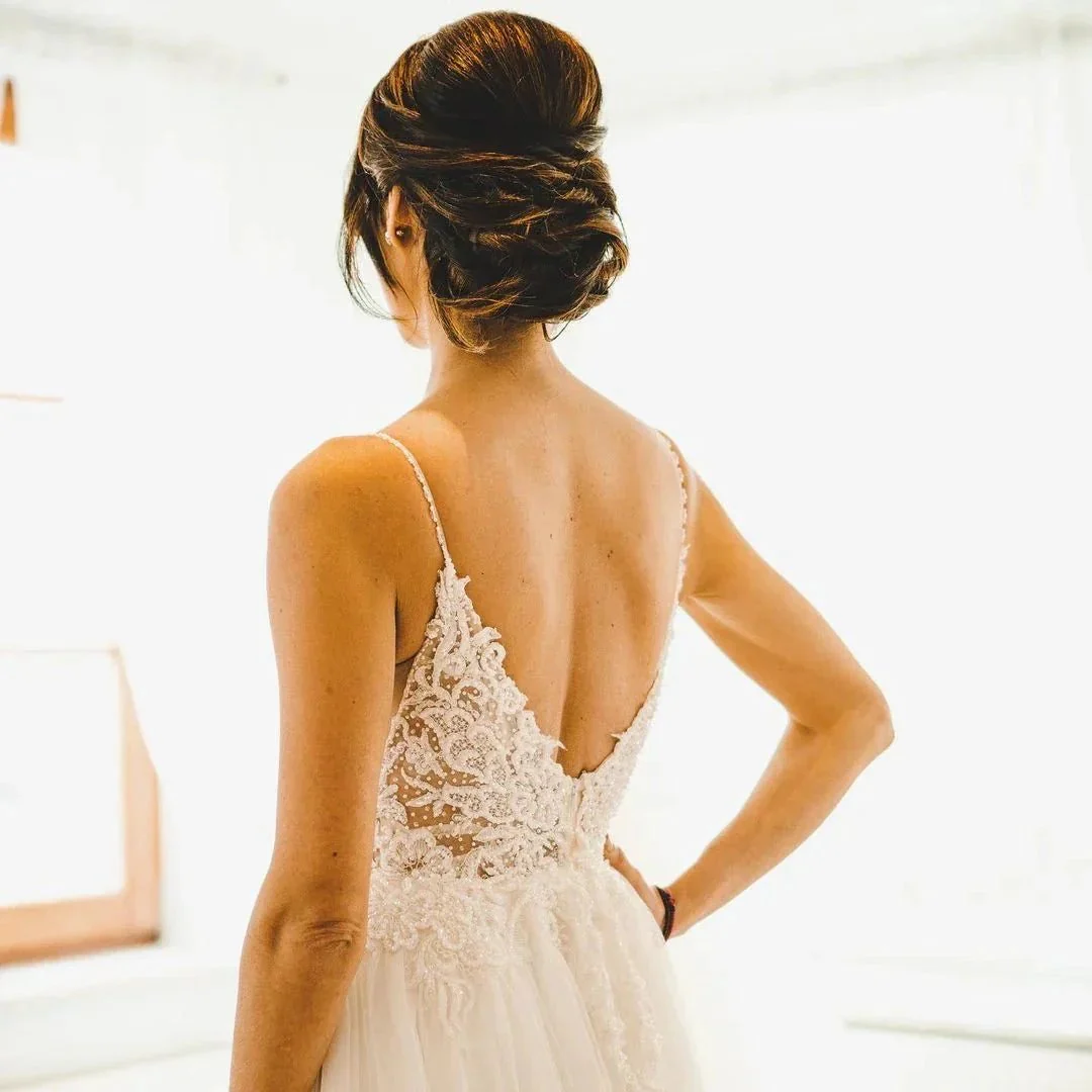 Modest Long A-line Spaghetti Straps Tulle Backless Wedding Dress - Image 4