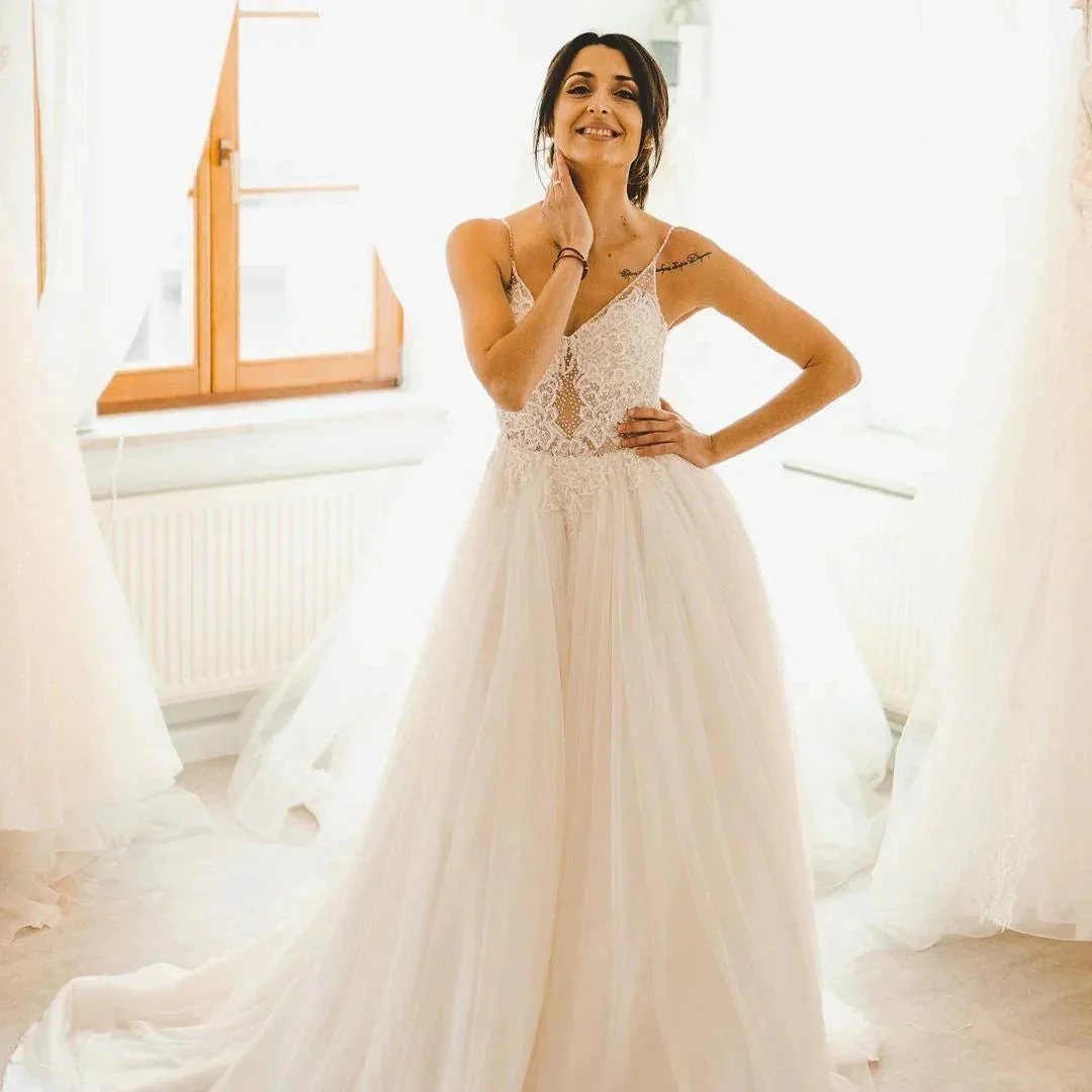 Modest Long A-line Spaghetti Straps Tulle Backless Wedding Dress - Image 5
