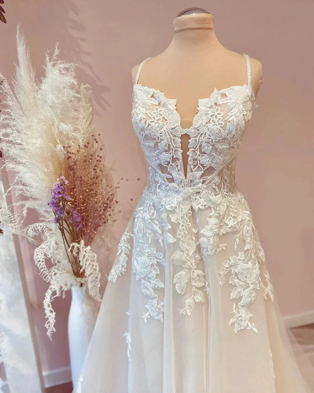 Modest Long A-line Spaghetti Straps Tulle Wedding Dress with Appliques Lace - Image 2