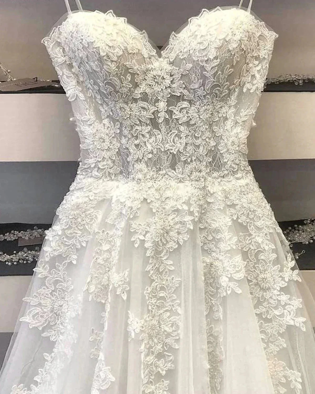 Modest Long A Line Sweetheart Lace Tulle Wedding Dress - Image 3