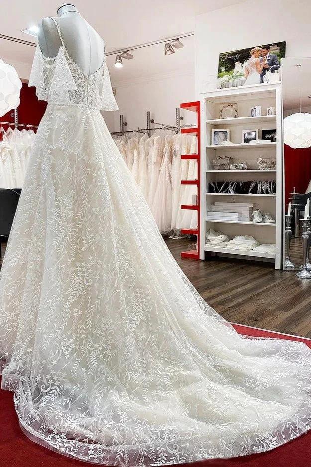 Modest Long A-line Sweetheart Tulle Lace Appliques Wedding Dress with Sleeves - Image 4