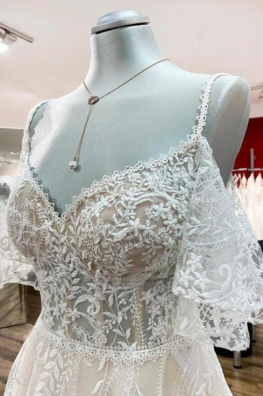 Modest Long A-line Sweetheart Tulle Lace Appliques Wedding Dress with Sleeves - Image 5