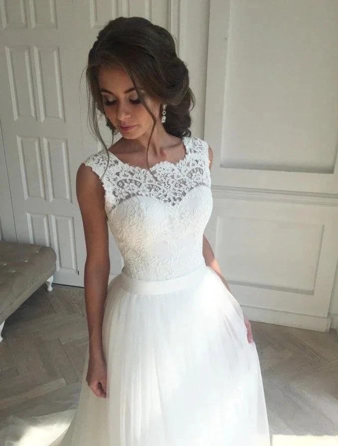 Modest Long A-line Tull Backless Lace Wedding Dress - Image 2