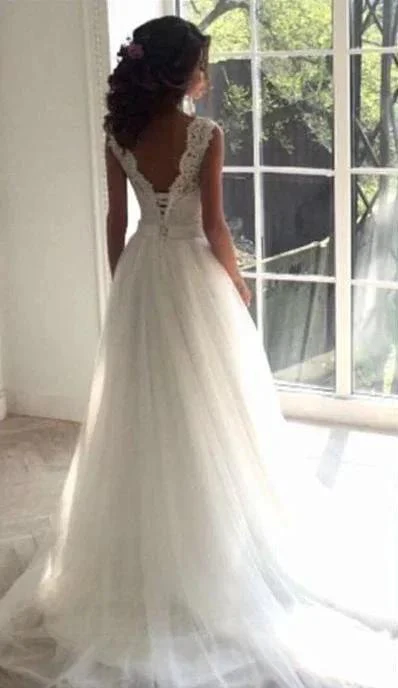 Modest Long A-line Tull Backless Lace Wedding Dress - Image 3