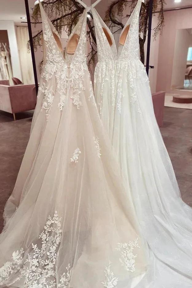 Modest Long A-line V-neck Backless Tulle Lace Wedding Dress - Image 2