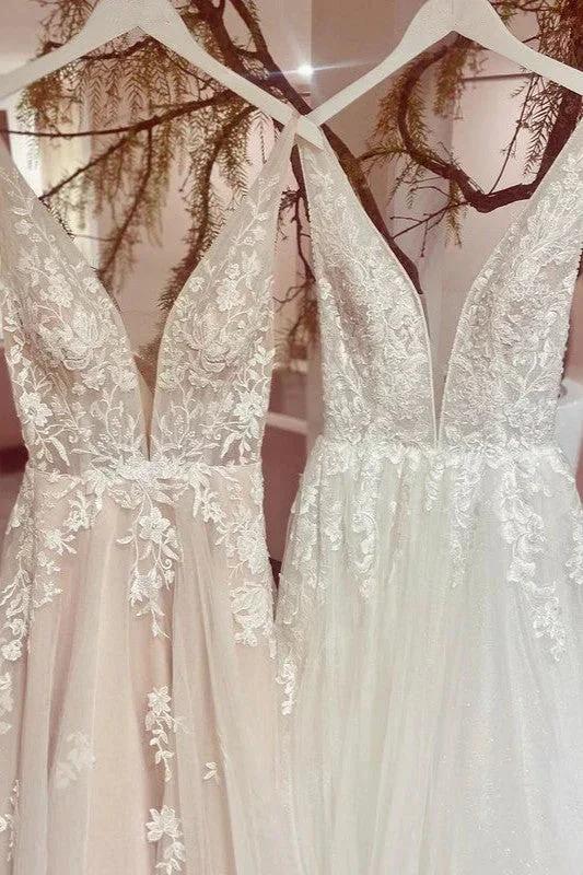 Modest Long A-line V-neck Backless Tulle Lace Wedding Dress - Image 3