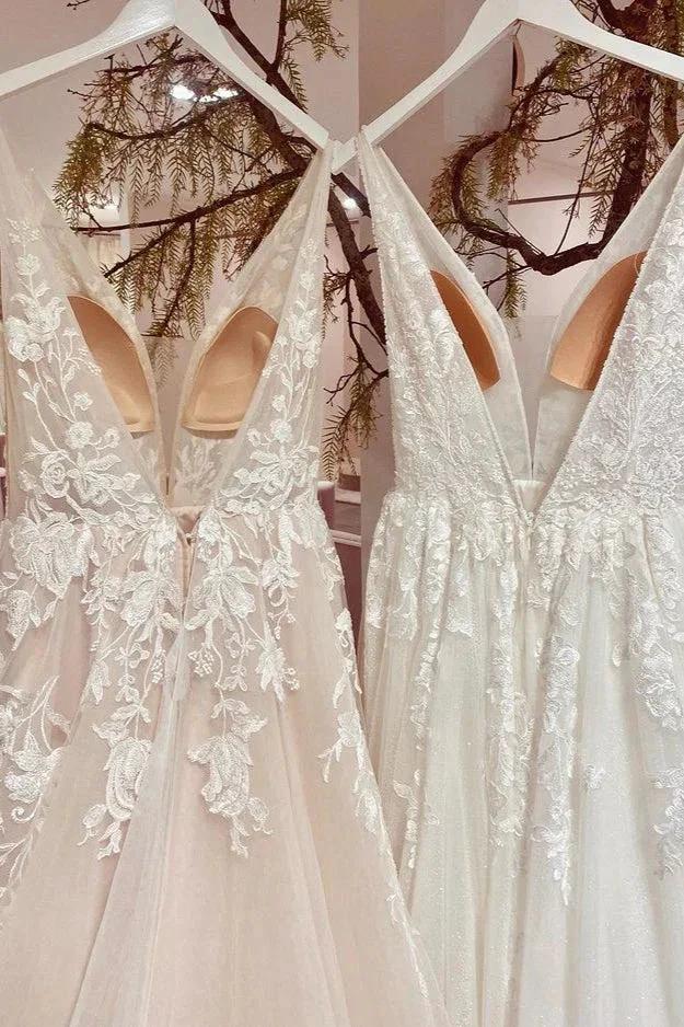 Modest Long A-line V-neck Backless Tulle Lace Wedding Dress - Image 4