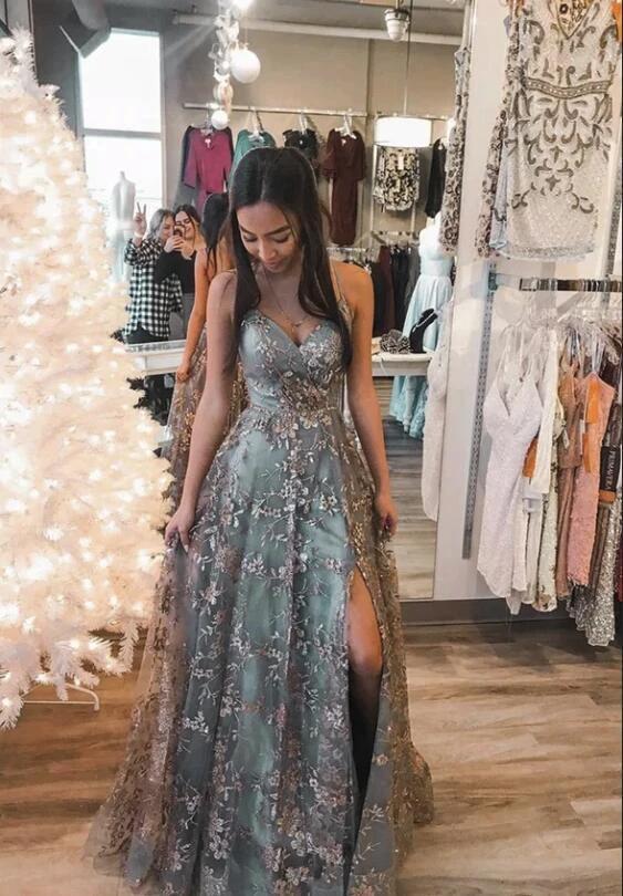 Modest Long A-line V-neck Open Back Tulle Prom Dress with slit - Image 2