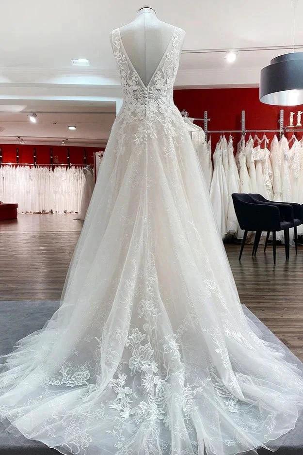 Modest Long A-line V-neck Open Back Tulle Wedding Dress with Appliques Lace - Image 2