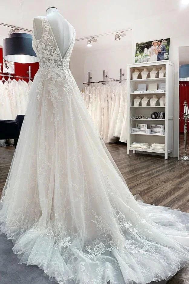 Modest Long A-line V-neck Open Back Tulle Wedding Dress with Appliques Lace - Image 3