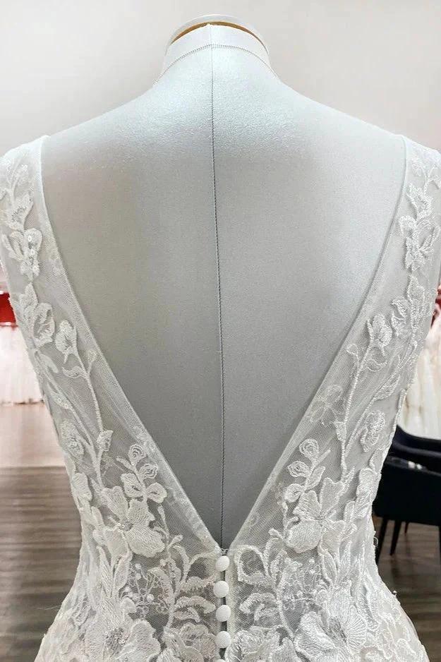 Modest Long A-line V-neck Open Back Tulle Wedding Dress with Appliques Lace - Image 5