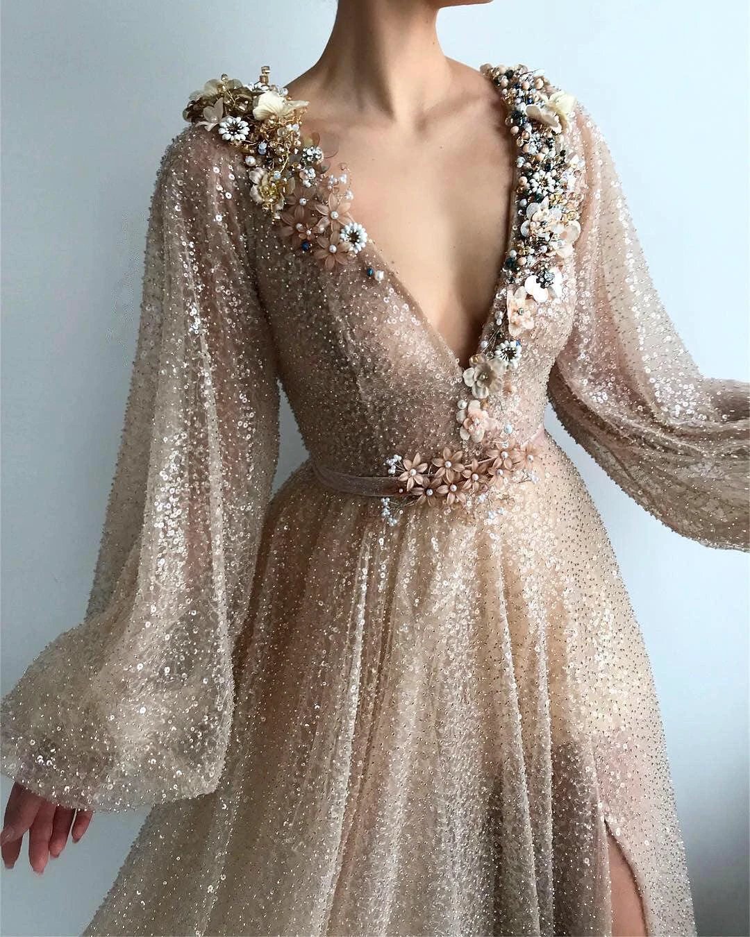 Modest Long A-line V-neck Sequined Prom Dress with Slit - Image 2