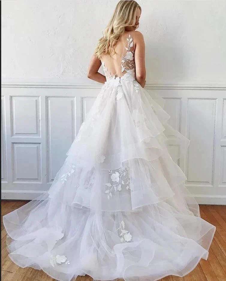Modest Long A-line V-Neck Spaghetti Straps Tulle Backless Wedding Dress - Image 2