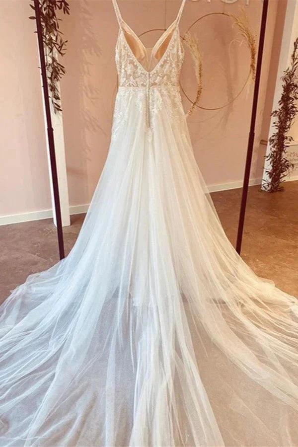 Modest Long A-line V-neck Spaghetti Straps Tulle Wedding Dress with Appliques Lace - Image 2