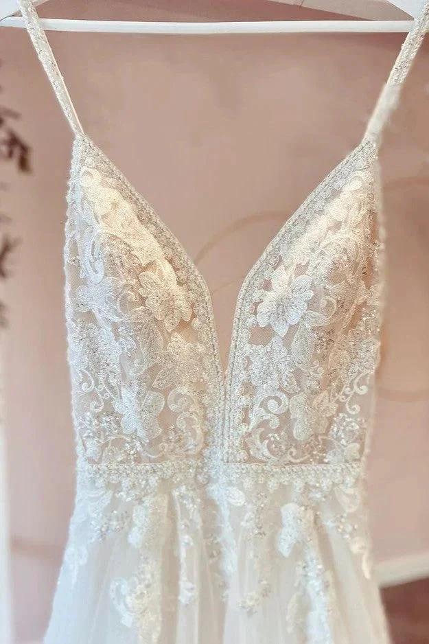 Modest Long A-line V-neck Spaghetti Straps Tulle Wedding Dress with Appliques Lace - Image 3