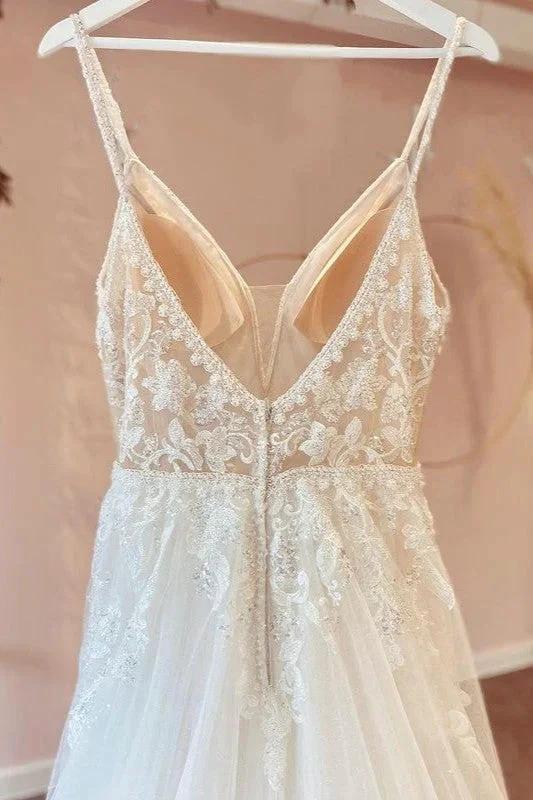 Modest Long A-line V-neck Spaghetti Straps Tulle Wedding Dress with Appliques Lace - Image 4