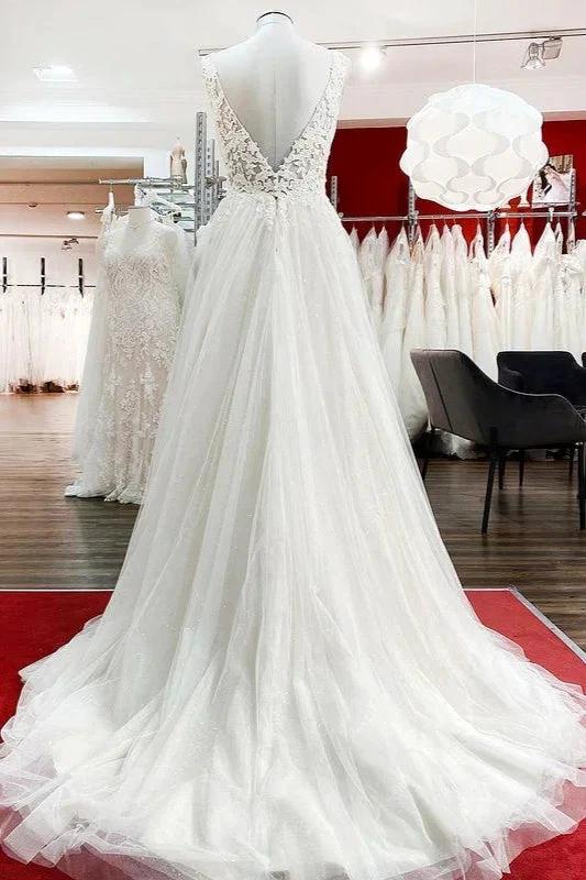 Modest Long A-line V-neck Tulle Ruffles Backless Wedding Dresses With Lace - Image 2