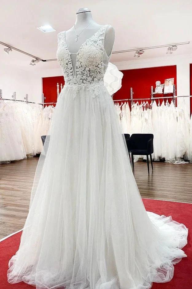 Modest Long A-line V-neck Tulle Ruffles Backless Wedding Dresses With Lace - Image 3