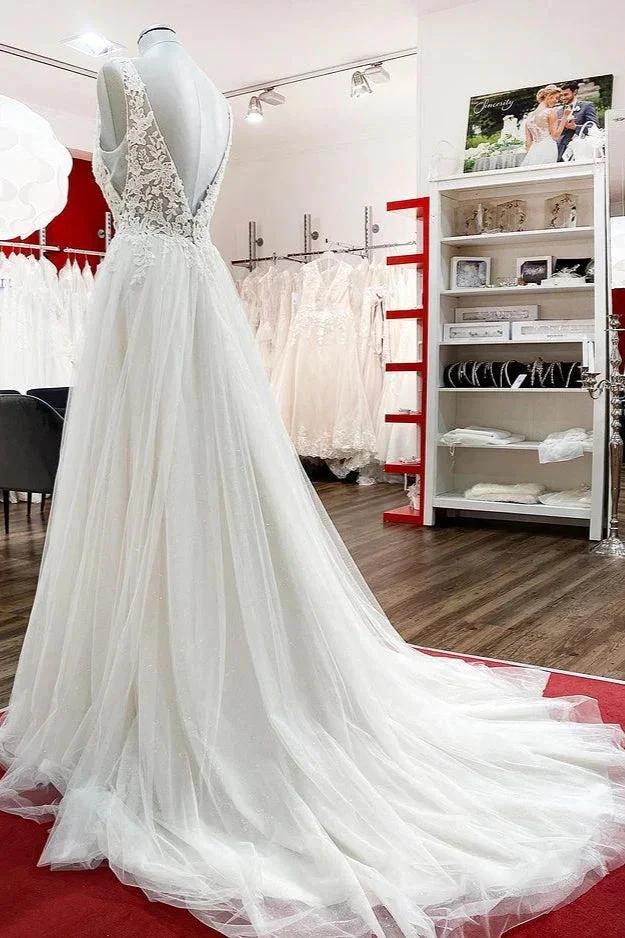 Modest Long A-line V-neck Tulle Ruffles Backless Wedding Dresses With Lace - Image 4