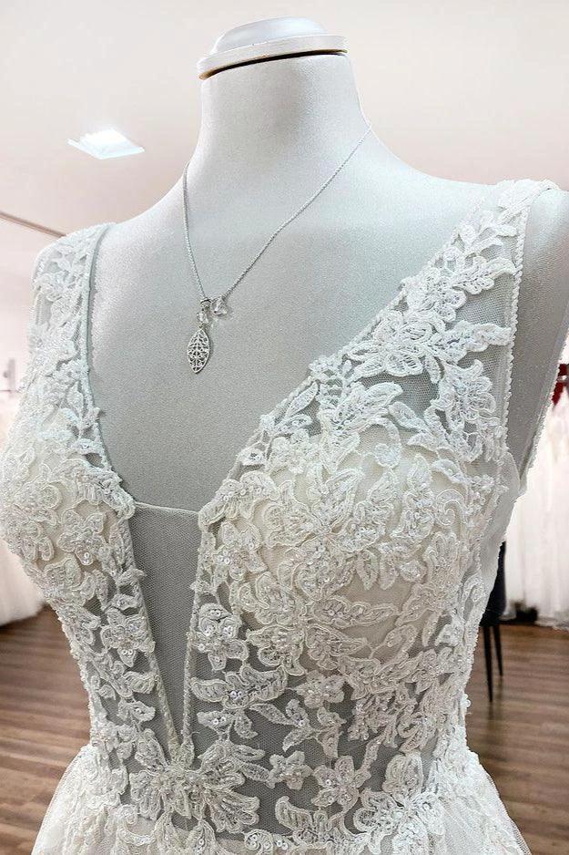 Modest Long A-line V-neck Tulle Ruffles Backless Wedding Dresses With Lace - Image 5