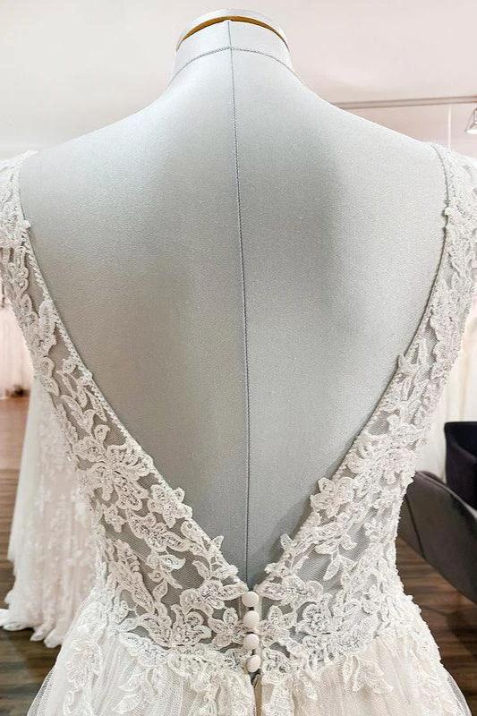 Modest Long A-line V-neck Tulle Ruffles Backless Wedding Dresses With Lace - Image 6