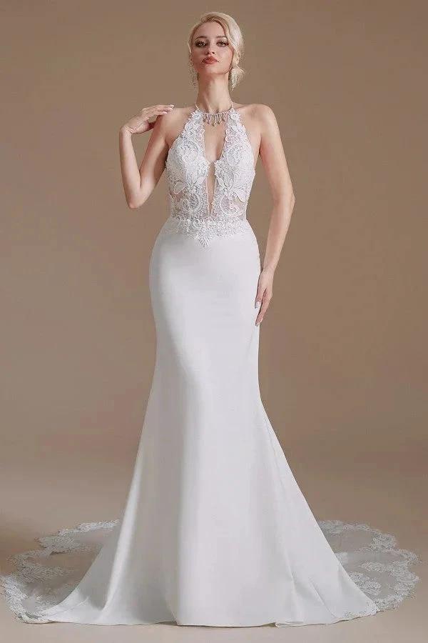 Modest Long Mermaid Halter Backless Satin Wedding Dresses with Appliques Lace - Image 2