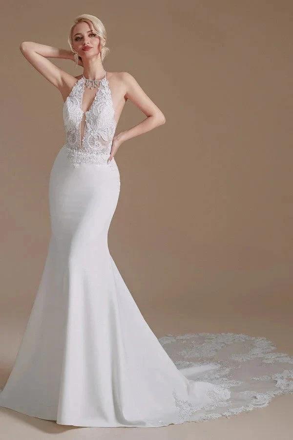 Modest Long Mermaid Halter Backless Satin Wedding Dresses with Appliques Lace - Image 4