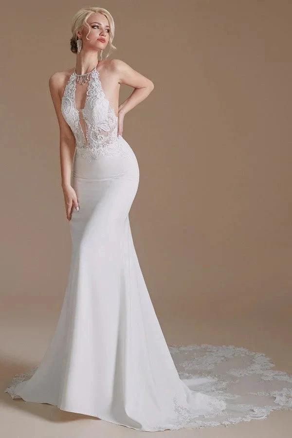 Modest Long Mermaid Halter Backless Satin Wedding Dresses with Appliques Lace - Image 5